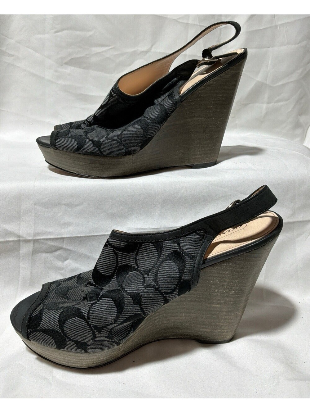 Woman’s Size 9.5 Coach Janet Signature Wedge Platform Peep-Toe Shoes